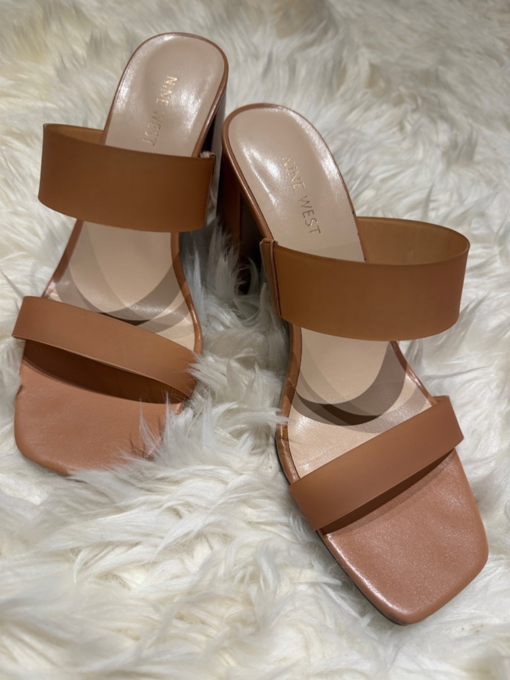 Nine West Tan Double-Strap Block Heel Sandals - polyurethane straps 10M